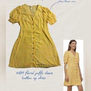 H&M Yellow Floral Button-Front Puff Sleeve Mini Dress